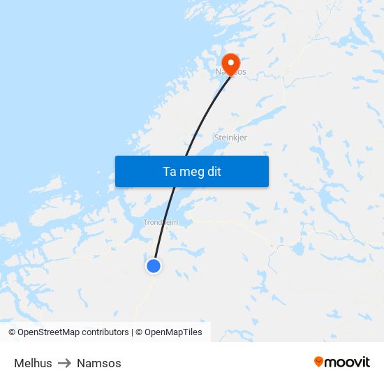 Melhus to Namsos map