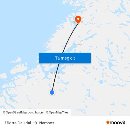 Midtre Gauldal to Namsos map