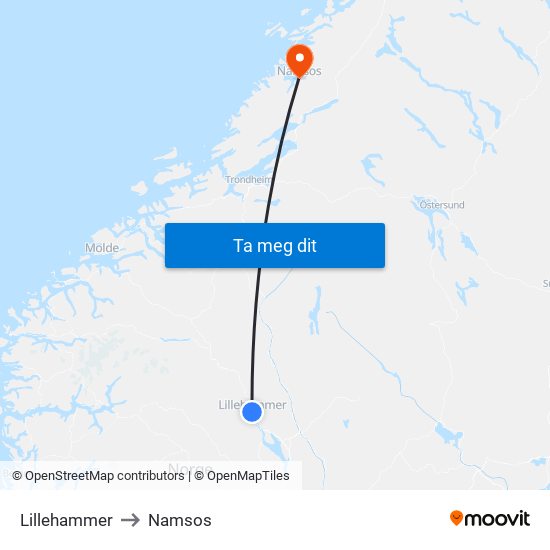 Lillehammer to Namsos map