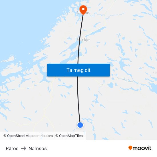 Røros to Namsos map