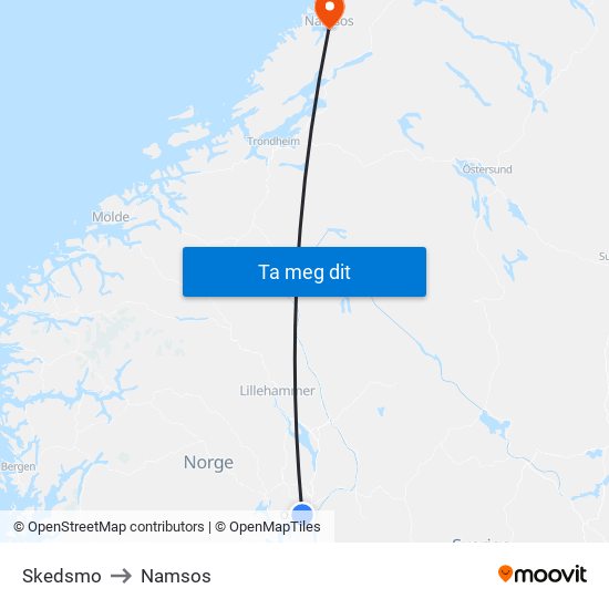 Skedsmo to Namsos map