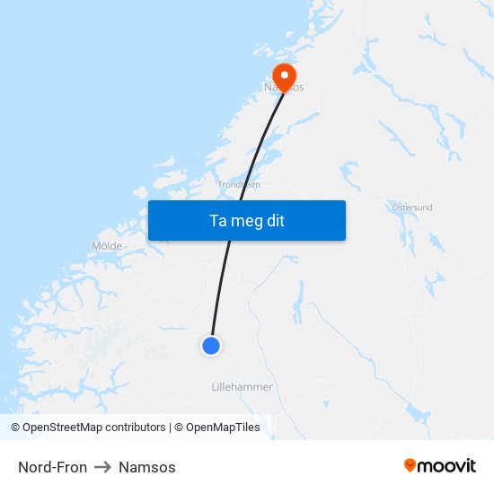 Nord-Fron to Namsos map