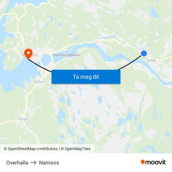Overhalla to Namsos map