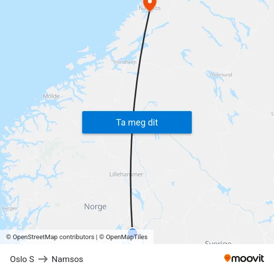 Oslo S to Namsos map