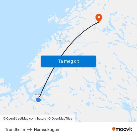 Trondheim to Namsskogan map