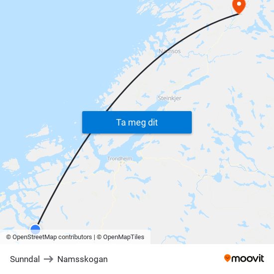 Sunndal to Namsskogan map