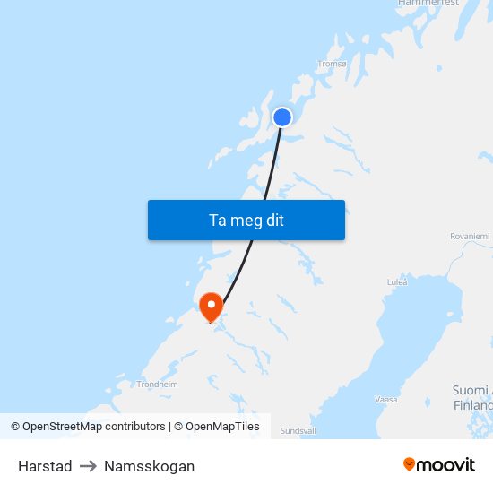 Harstad to Namsskogan map