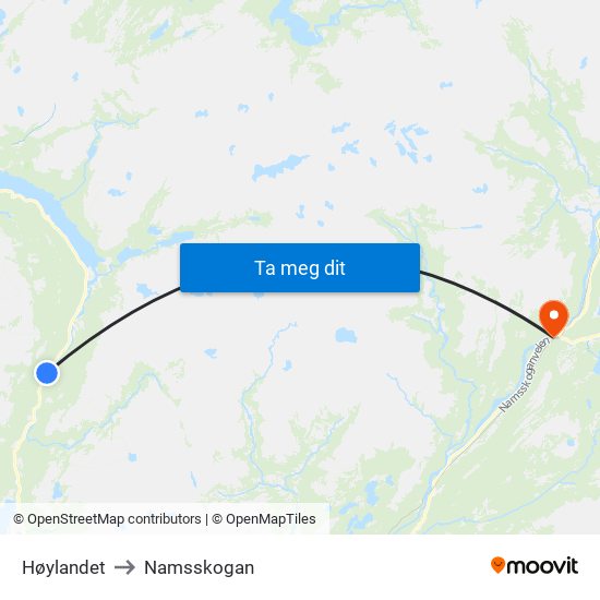 Høylandet to Namsskogan map
