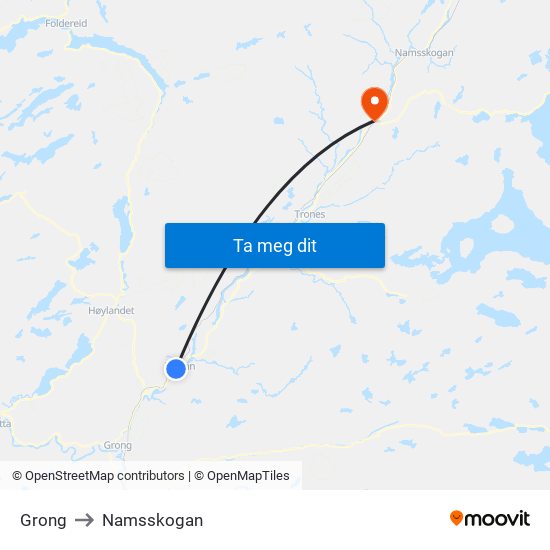 Grong to Namsskogan map