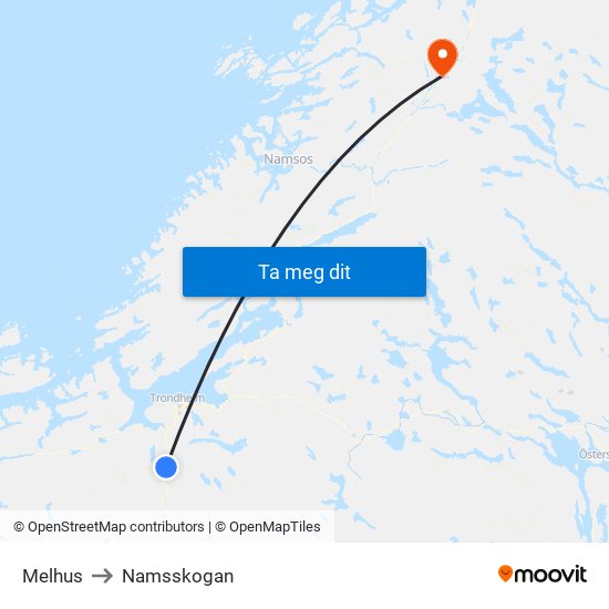 Melhus to Namsskogan map