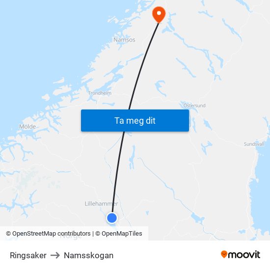 Ringsaker to Namsskogan map