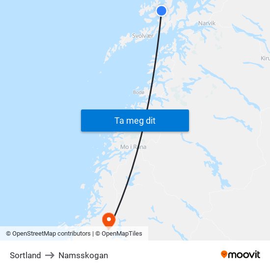 Sortland to Namsskogan map