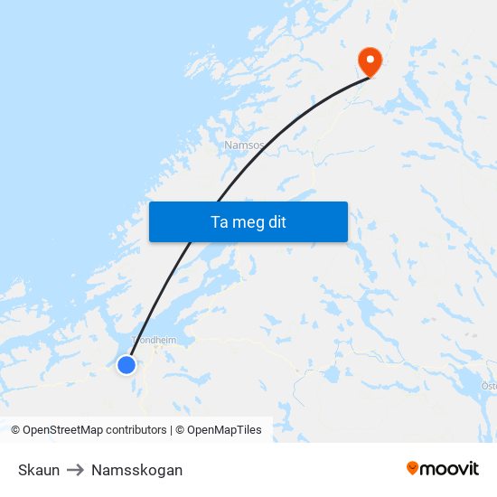 Skaun to Namsskogan map