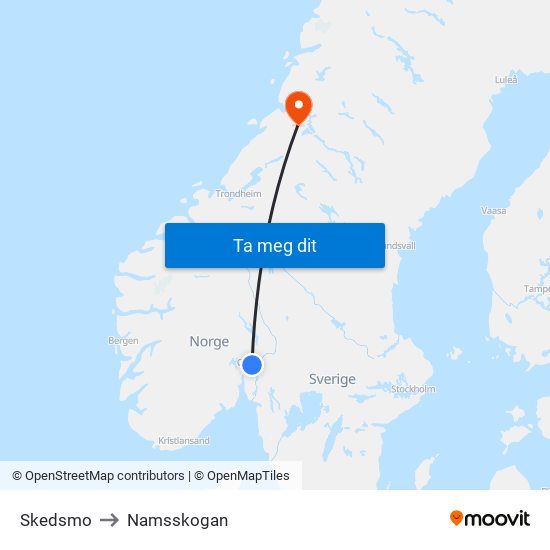 Skedsmo to Namsskogan map