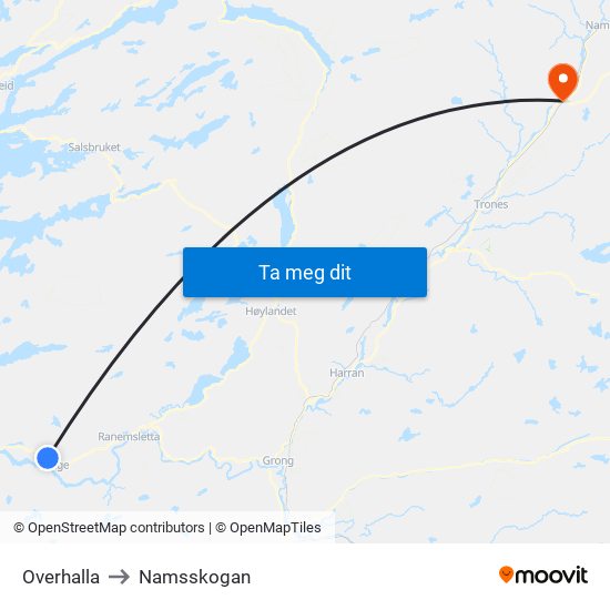 Overhalla to Namsskogan map