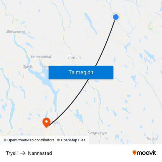 Trysil to Nannestad map