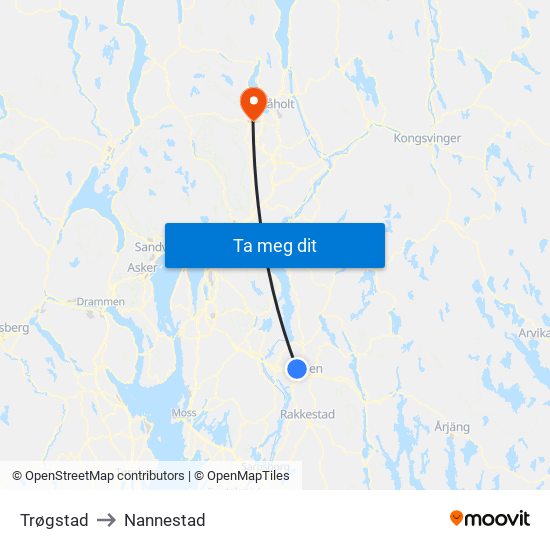 Trøgstad to Nannestad map