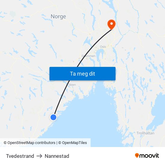 Tvedestrand to Nannestad map