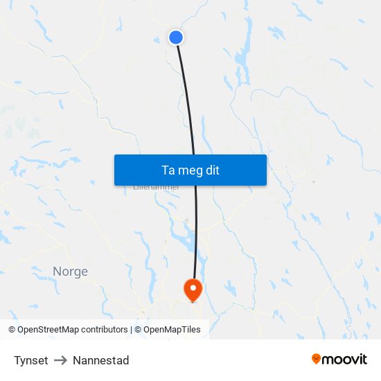 Tynset to Nannestad map