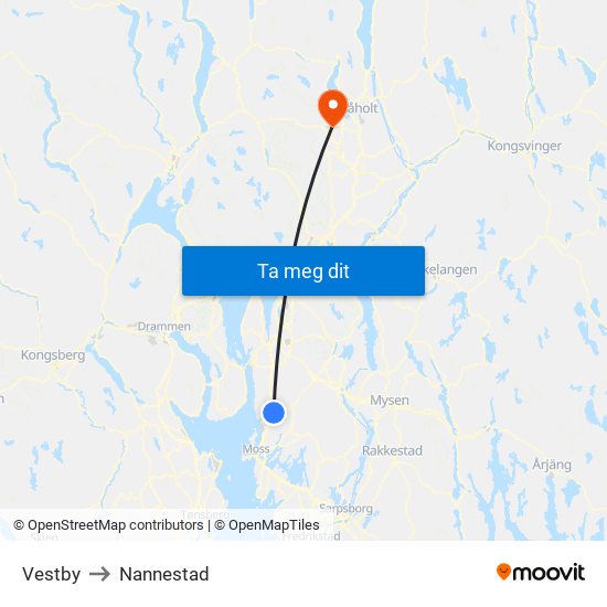 Vestby to Nannestad map