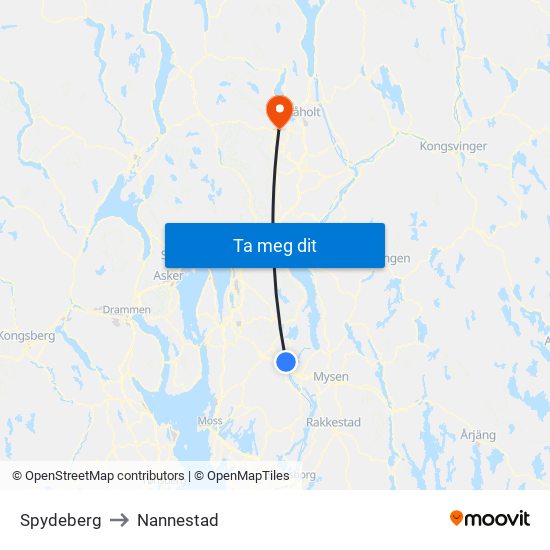 Spydeberg to Nannestad map