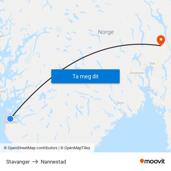 Stavanger to Nannestad map