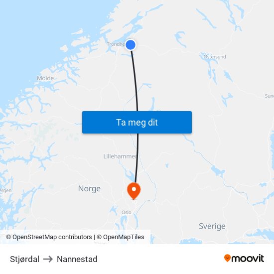 Stjørdal to Nannestad map