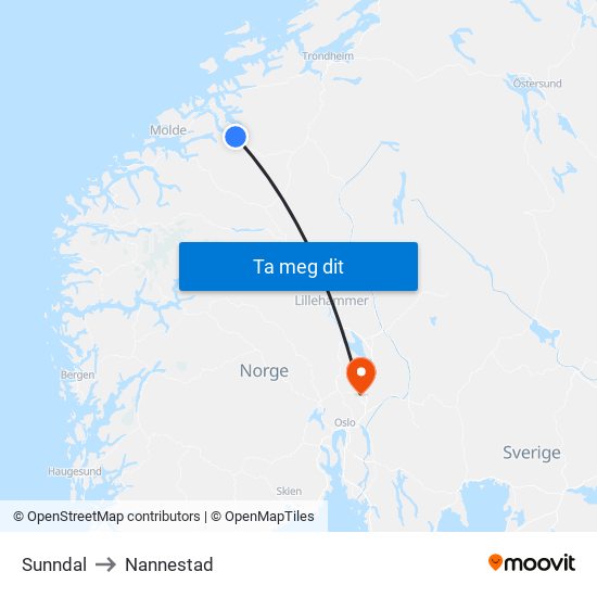 Sunndal to Nannestad map