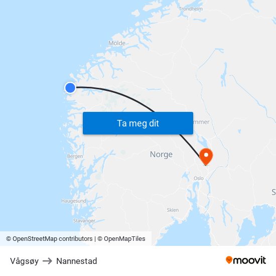 Vågsøy to Nannestad map