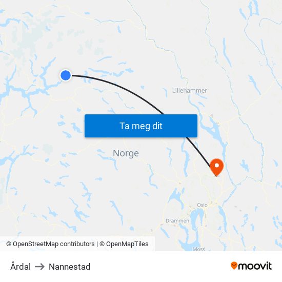 Årdal to Nannestad map