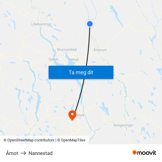 Åmot to Nannestad map