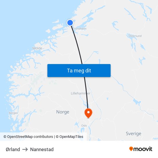 Ørland to Nannestad map