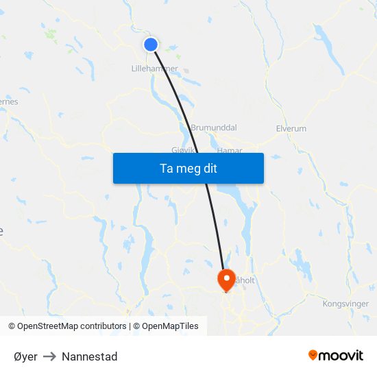 Øyer to Nannestad map