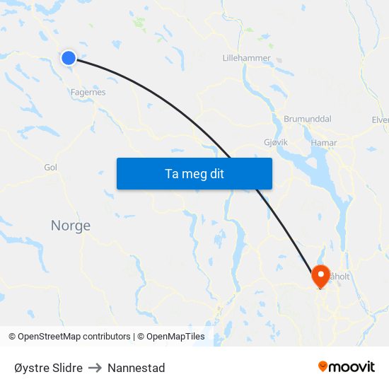 Øystre Slidre to Nannestad map
