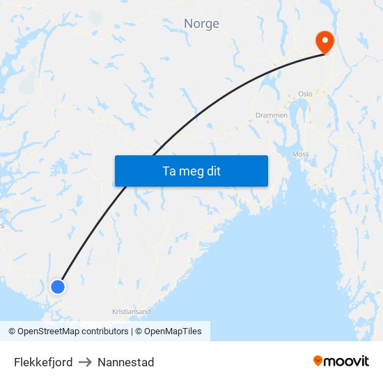 Flekkefjord to Nannestad map