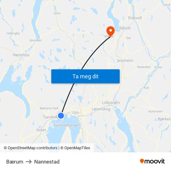 Bærum to Nannestad map