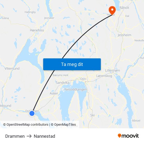 Drammen to Nannestad map