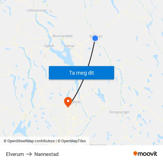 Elverum to Nannestad map