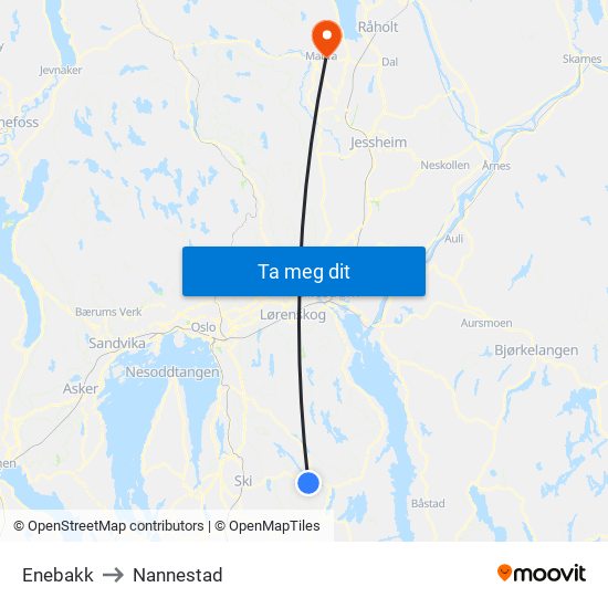 Enebakk to Nannestad map