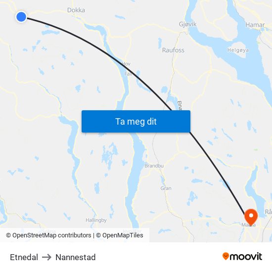 Etnedal to Nannestad map