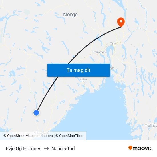 Evje Og Hornnes to Nannestad map