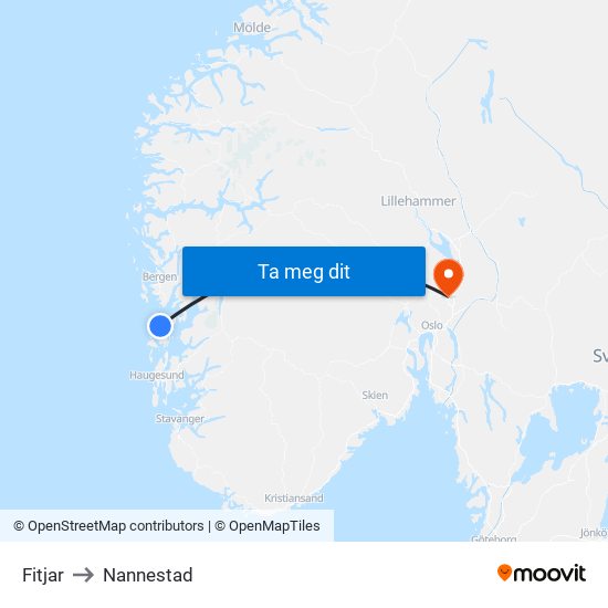Fitjar to Nannestad map