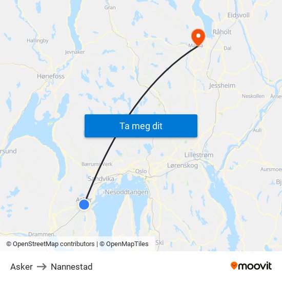 Asker to Nannestad map