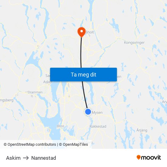 Askim to Nannestad map