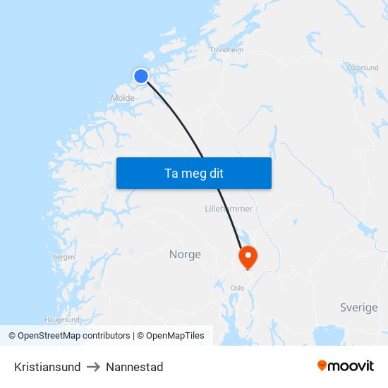 Kristiansund to Nannestad map