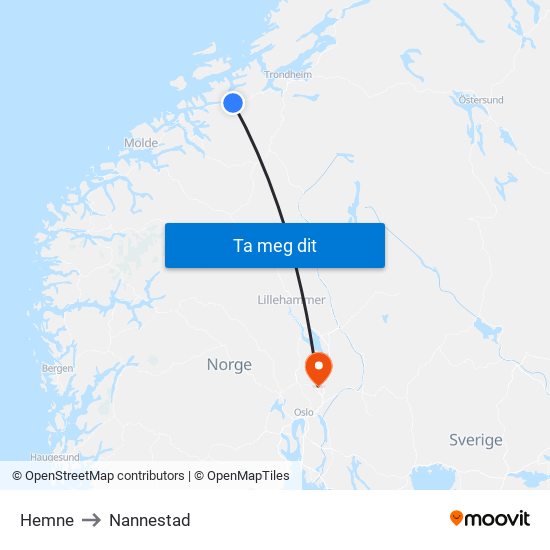 Hemne to Nannestad map
