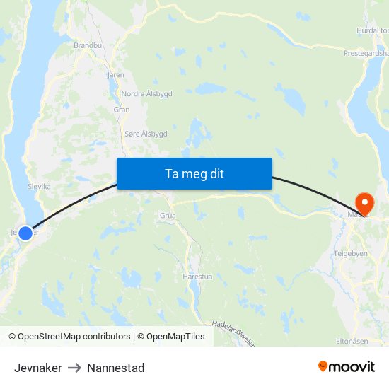 Jevnaker to Nannestad map
