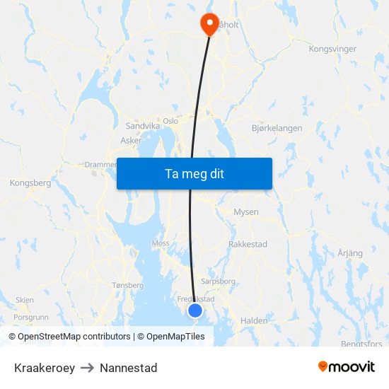Kraakeroey to Nannestad map