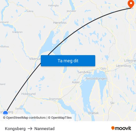 Kongsberg to Nannestad map