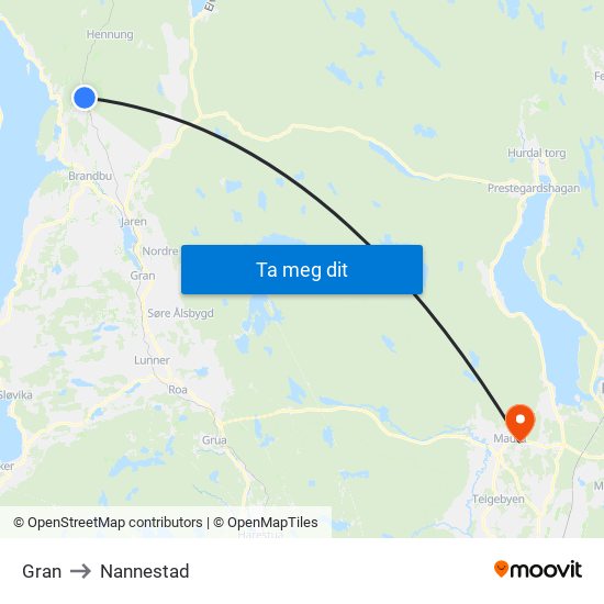 Gran to Nannestad map